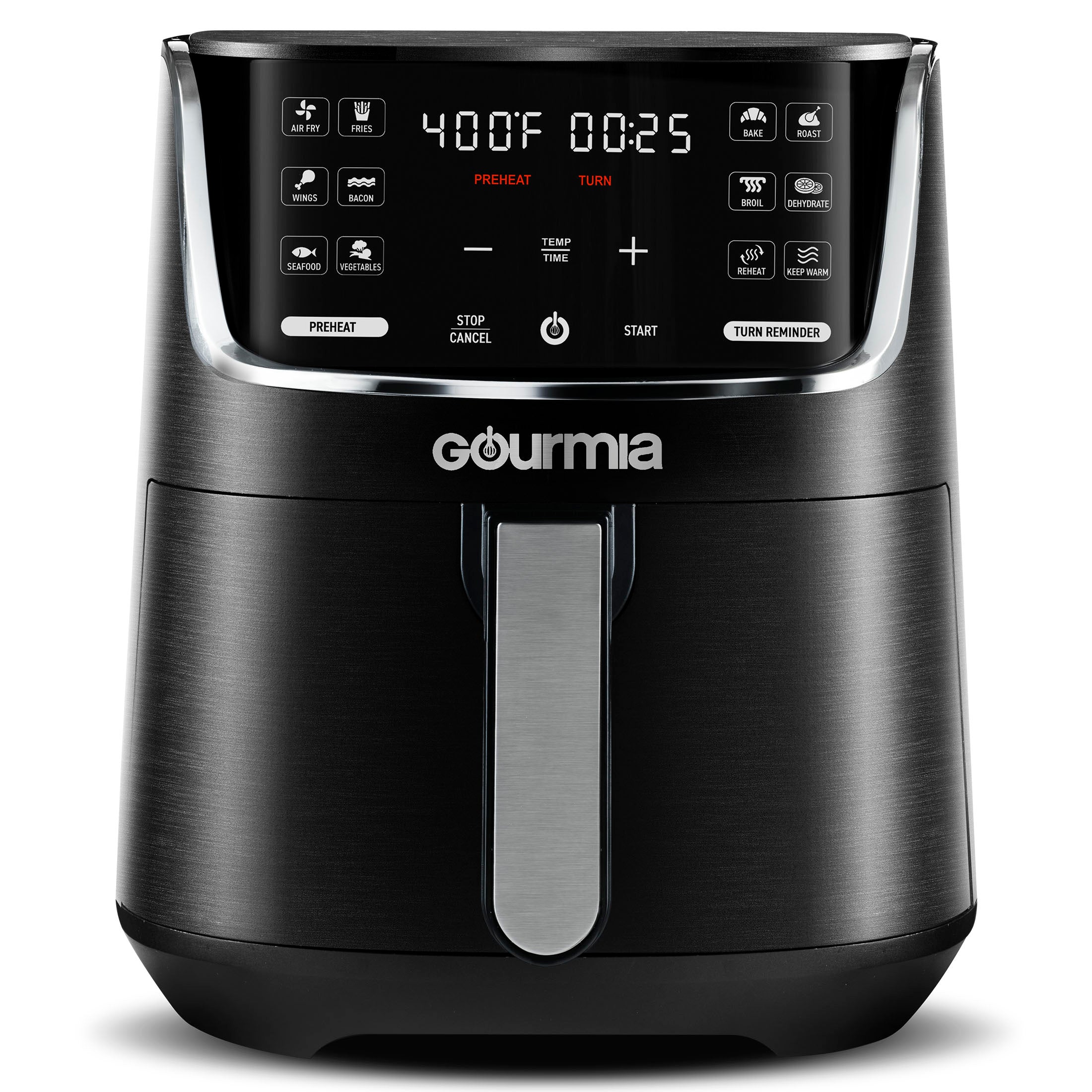 Gourmia GAF414 digital air fryer with dark body, silver-tone handle and a single opaque basket