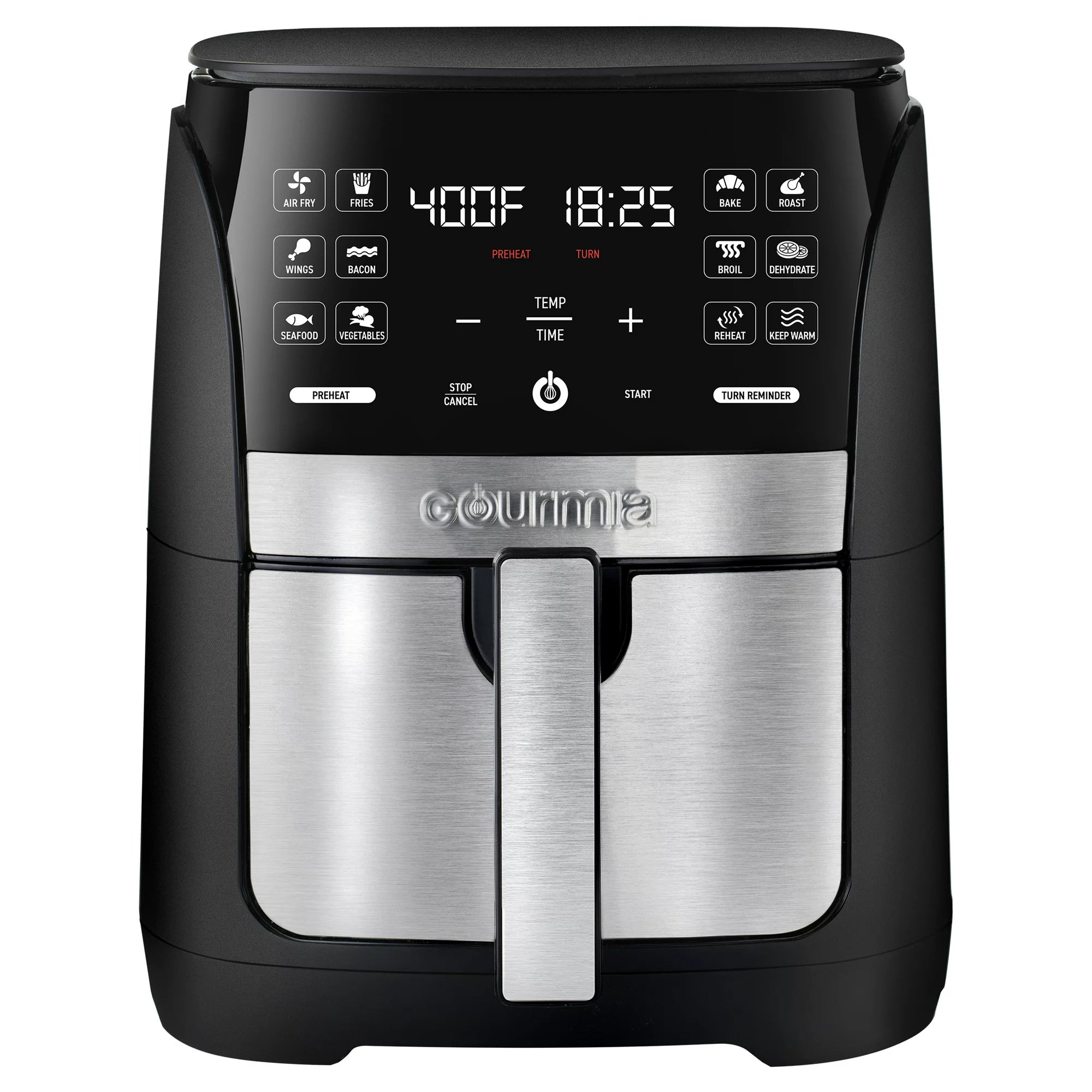 Gourmia GAF652 black digital air fryer with stainless-steel accents, touchscreen and a single pull-out basket