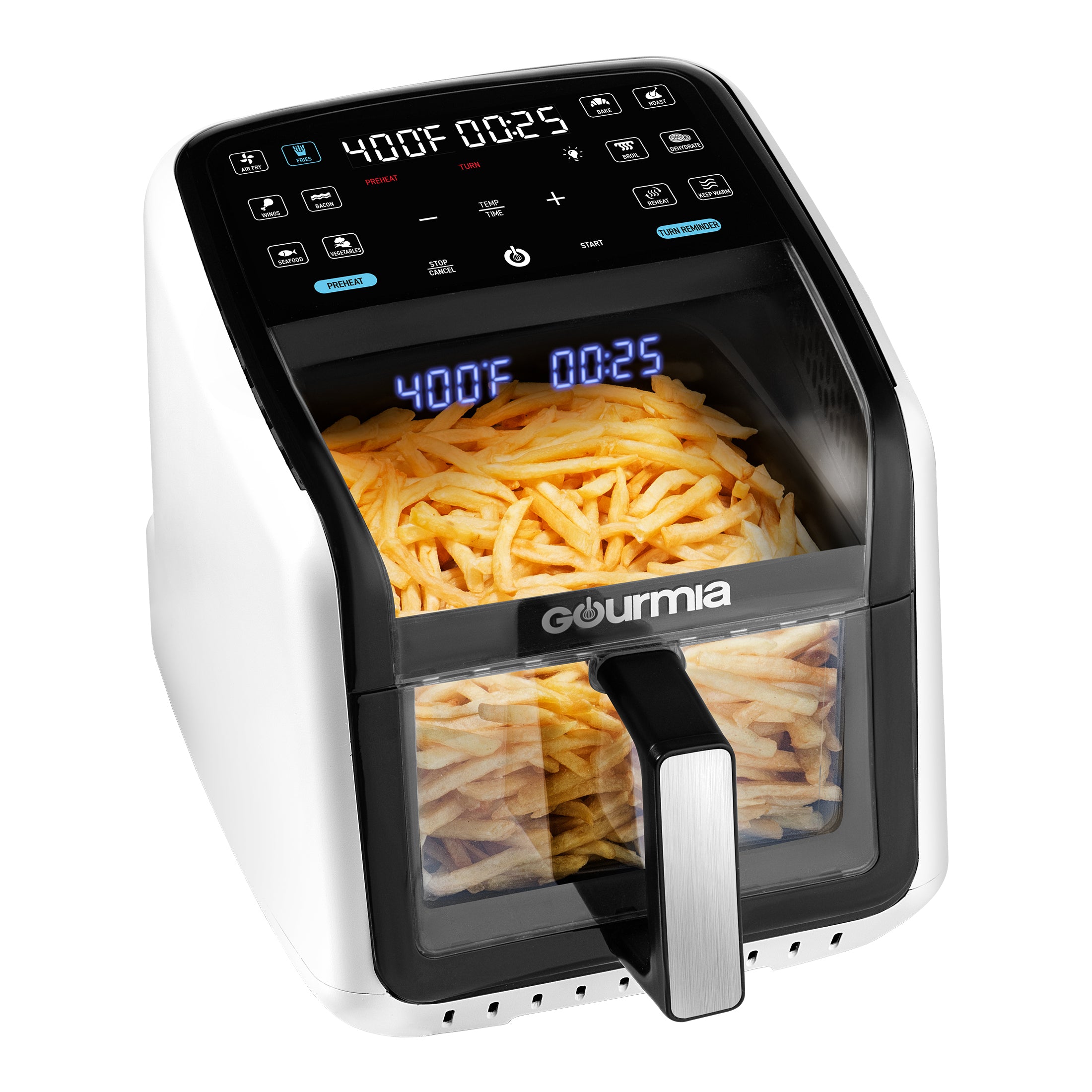 Gourmia GAF7020W 7-quart digital air fryer with a clear glass basket, white exterior and top touchscreen