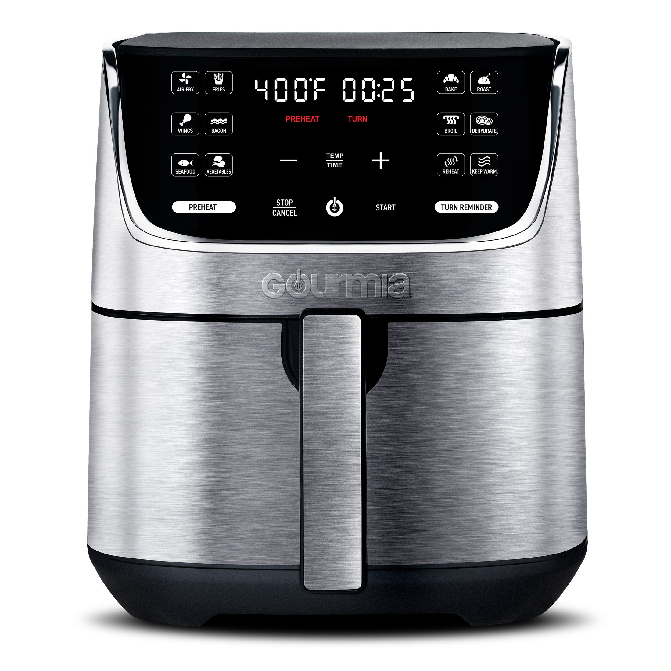 Gourmia GAF734 digital air fryer with a brushed silver-finish exterior, black control panel and one opaque pull-out basket