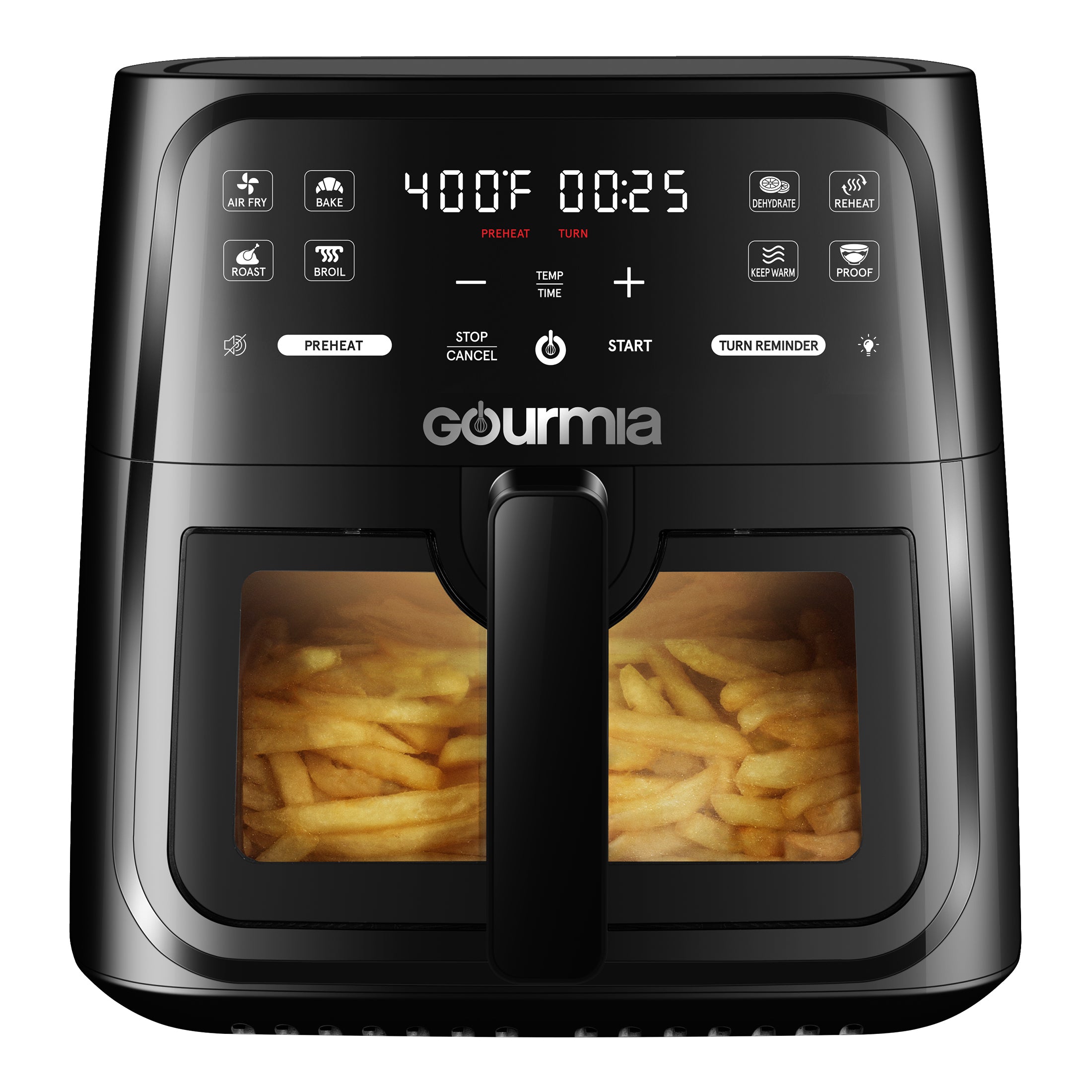 Black Gourmia GAF823B digital air fryer with a viewing window and one pull-out basket