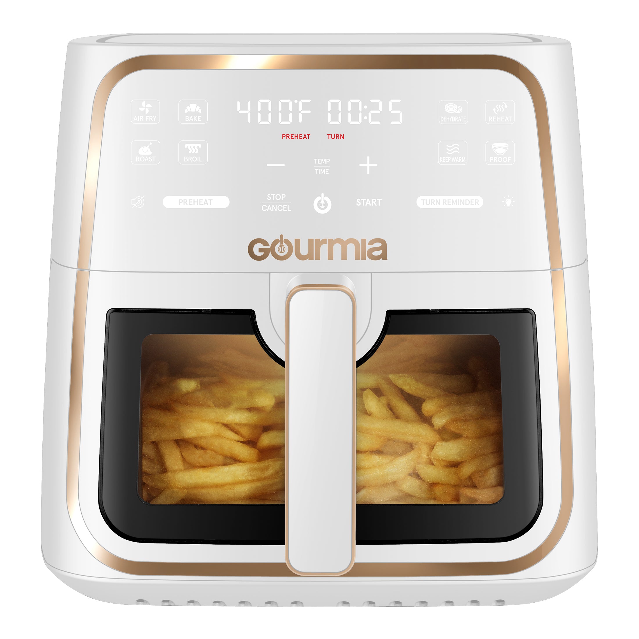Gourmia GAF823 White digital air fryer viewed from the front, with eight control icons, one viewing window and a single pull-out basket