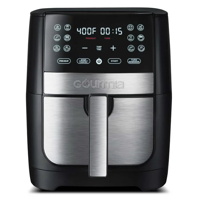 Gourmia GAF826 black single-basket digital air fryer with a stainless-steel-look accent and touchscreen
