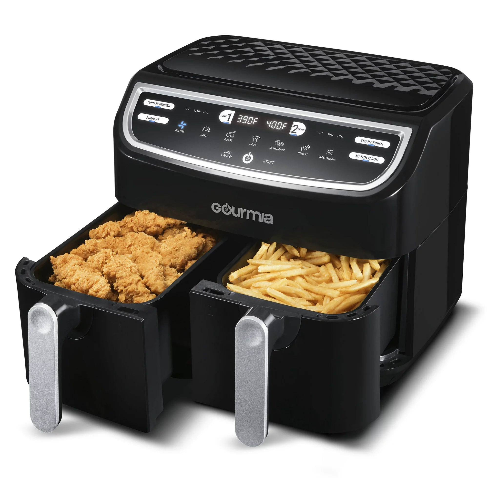 Gourmia GAF956 black dual-basket digital air fryer with two separate pull-out baskets and touchscreen controls