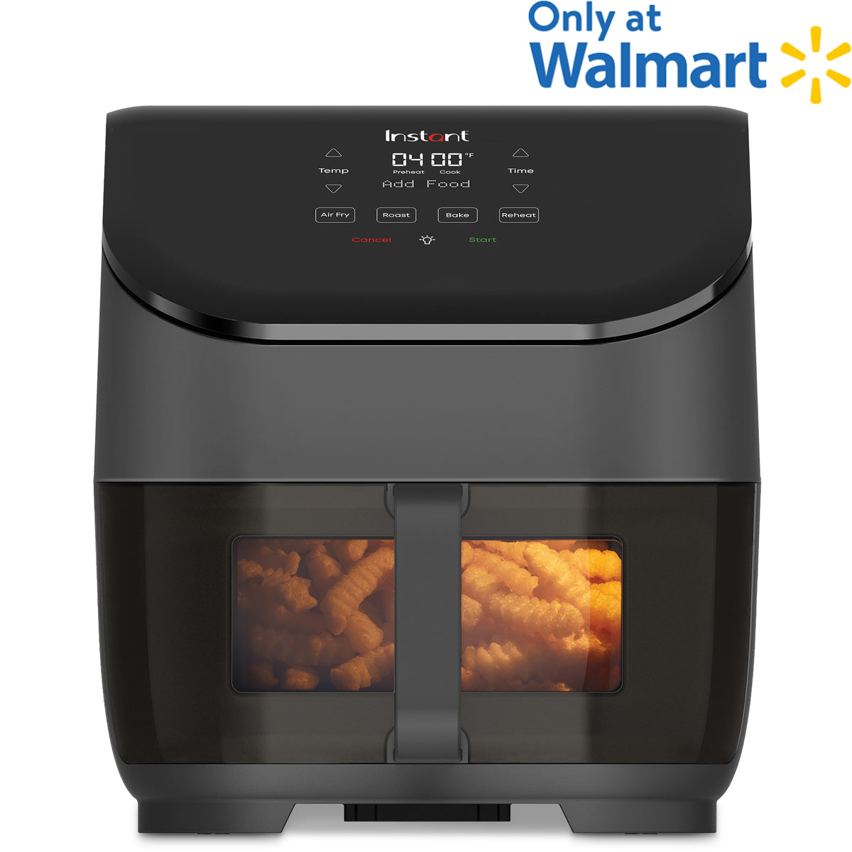Instant Pot manufacturer listing image showing a black, single-drawer 5-quart ClearCook air fryer with food visible through the front window and a Walmart-exclusive badge.