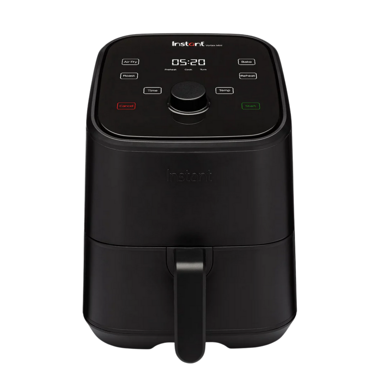 Instant Pot Vortex Mini 2QT Heißluftfritteuse in Schwarz mit digitaler Steuerung und einem undurchsichtigen, herausziehbaren Korb.