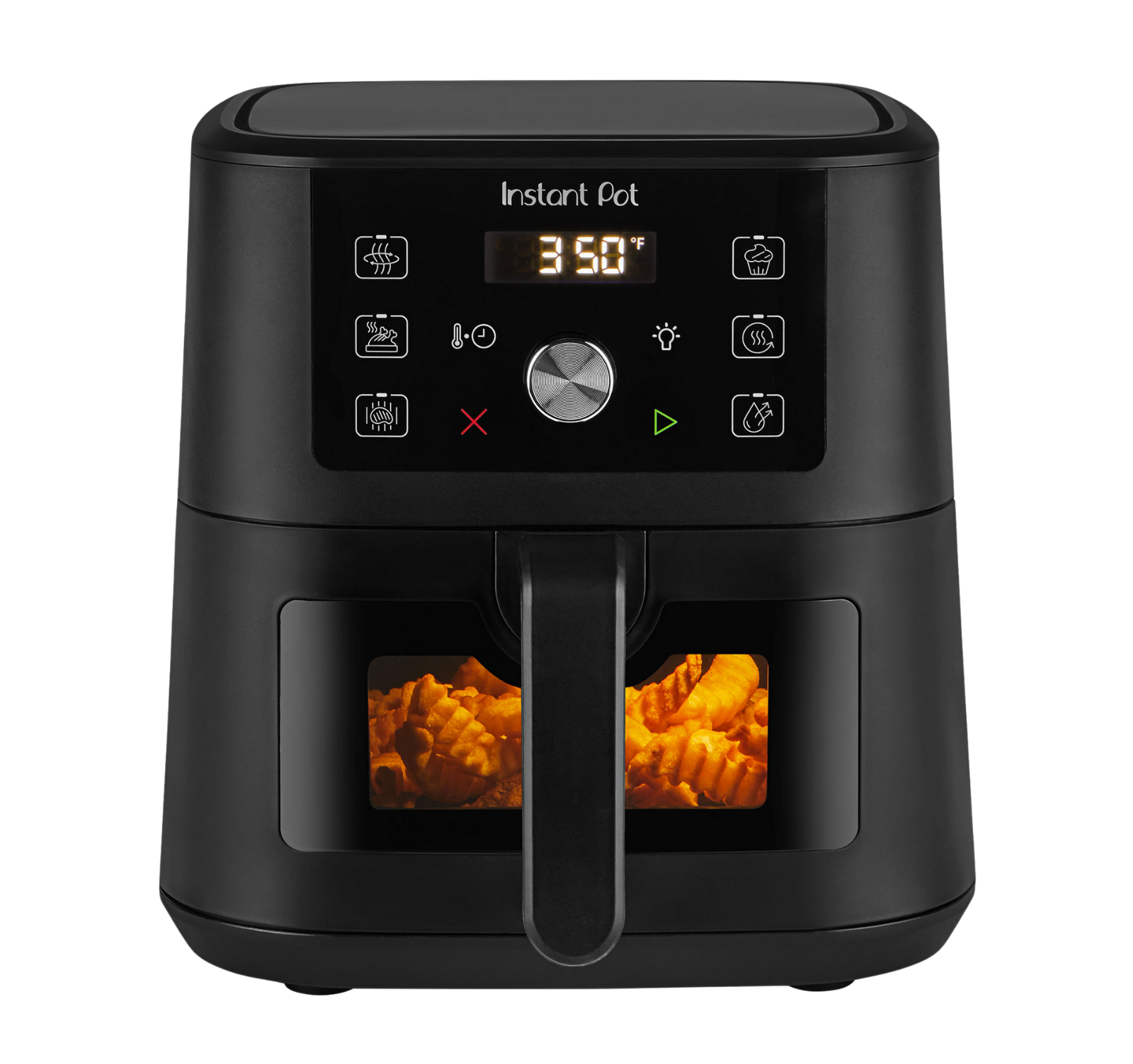 Instant Pot 4QT Vortex Mini air fryer, Black finish, front view with ClearCook window, model 140-3221-01