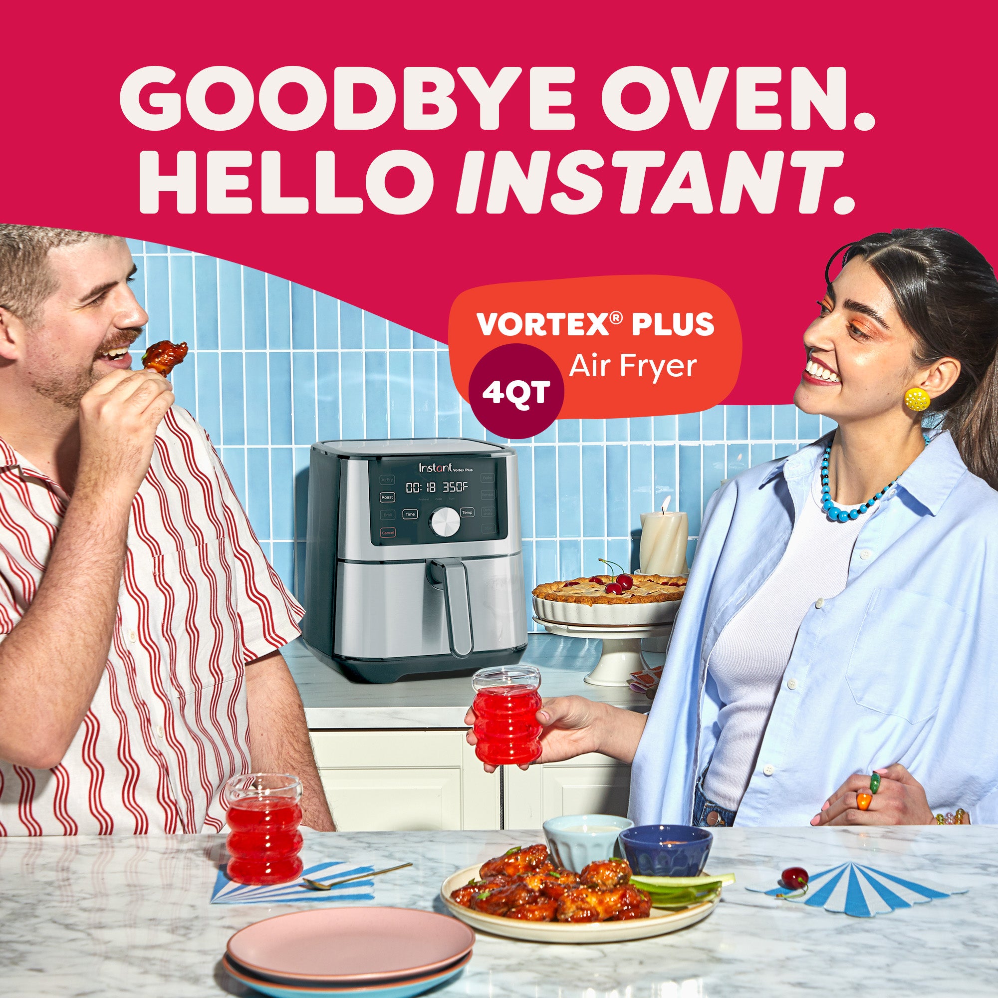 Instant Pot Vortex Plus 4QT air fryer, SKU 140-3079-01, silver single-basket unit pictured in a kitchen scene.