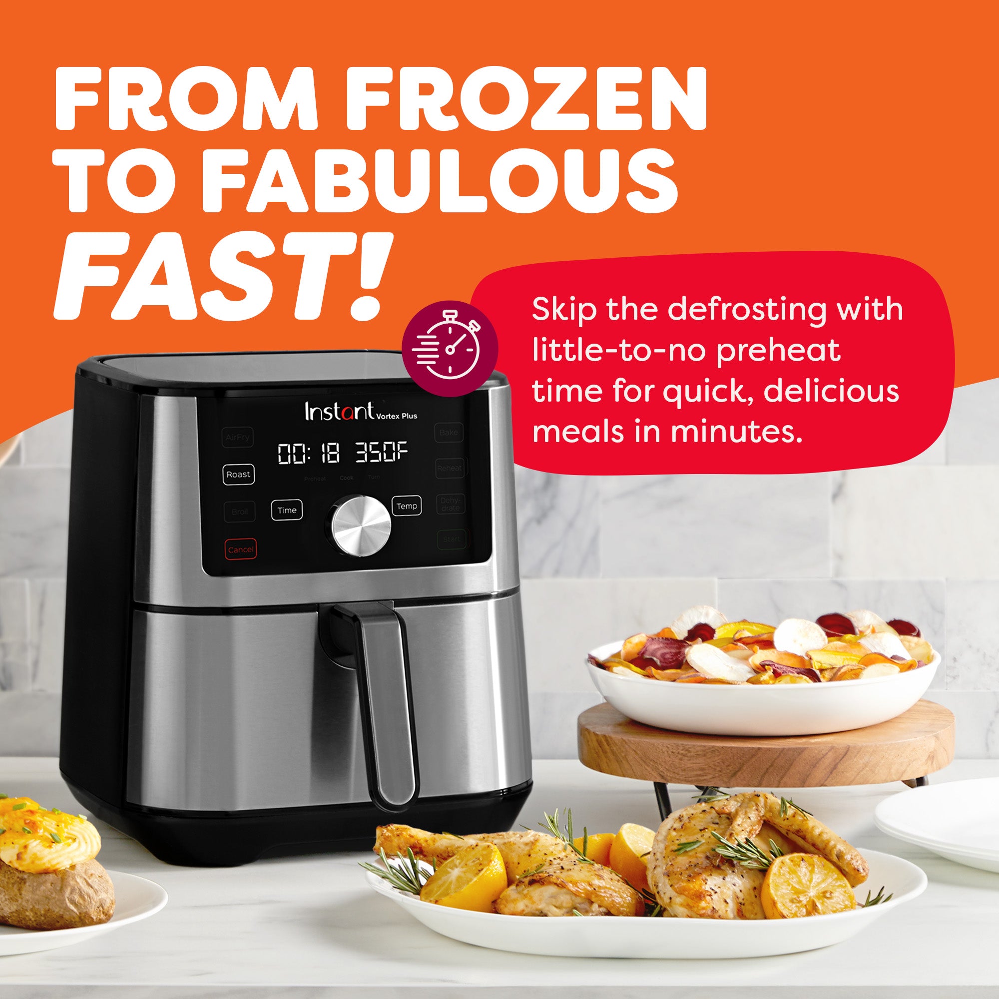 Instant Pot Vortex Plus 6QT air fryer on a counter with the manufacturer’s “From Frozen to Fabulous Fast” promotional graphic.