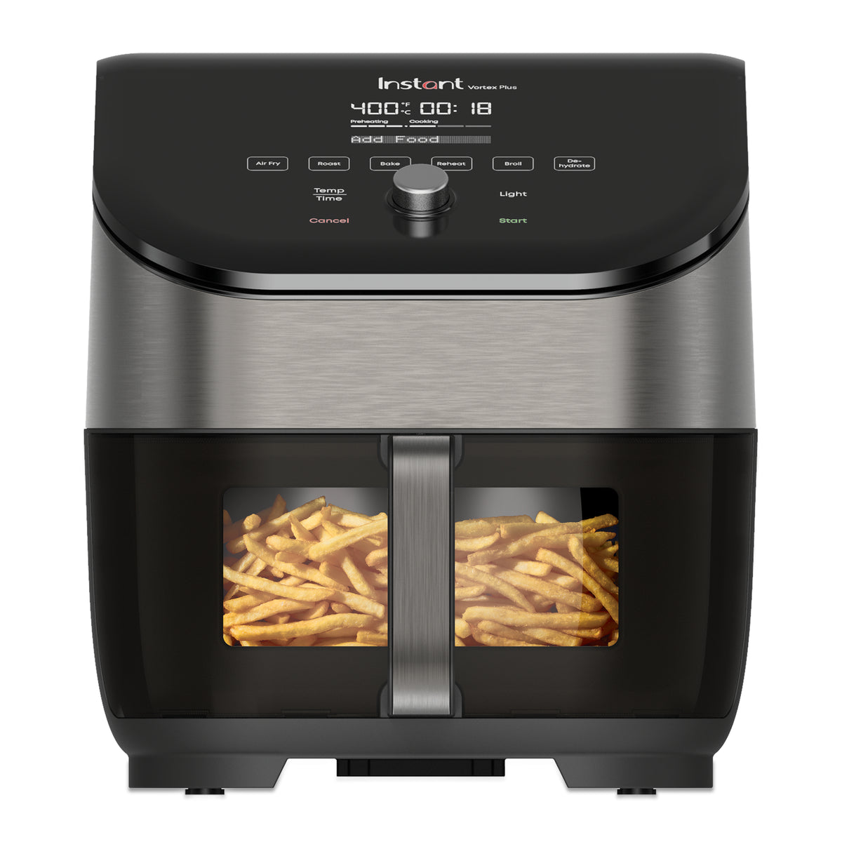 Instant Pot Vortex Plus 6QT 140-3089-01 manufacturer image, showing stainless-steel upper housing and one ClearCook-window basket.
