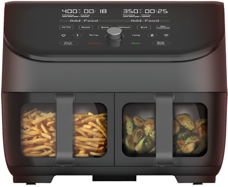 Instant Pot Vortex Plus Dual 8QT air fryer, Black listing 140-3090-01, showing two drawer windows and shared control panel