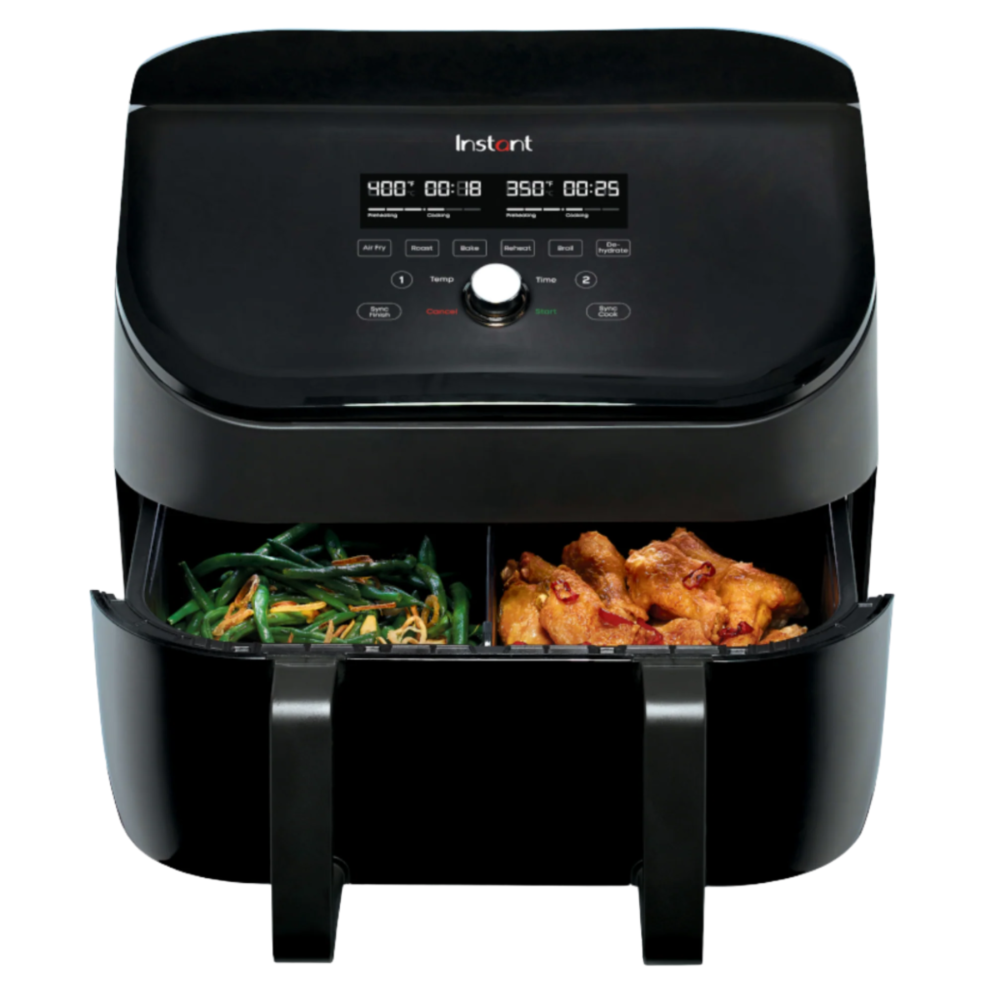 Instant Pot Vortex 9QT Air Fryer with VersaZone, SKU 140-3092-01, shown as one wide basket divided into two cooking zones with separate controls