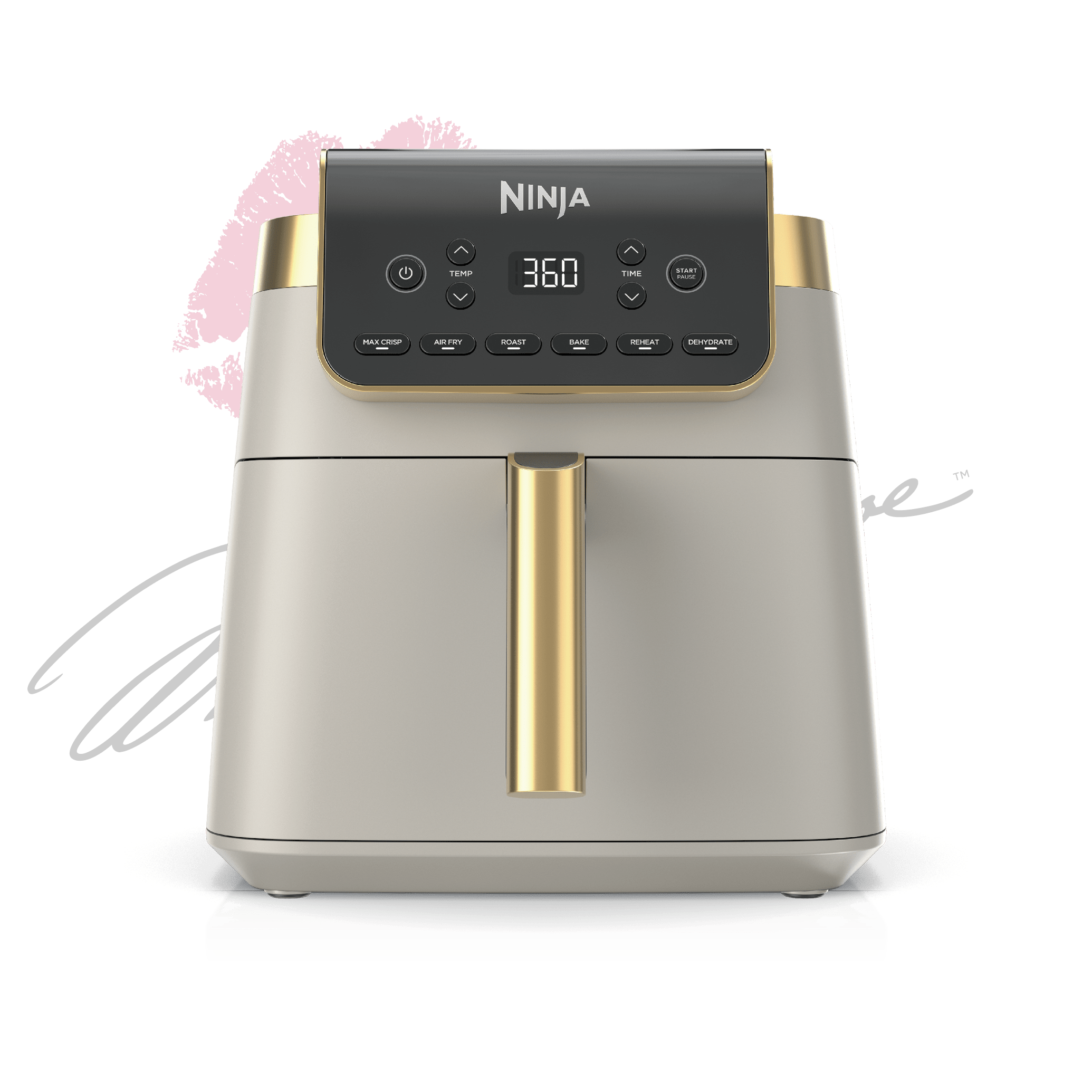 Stone Gold Ninja AF181SD Air Fryer Pro XL with pale body, gold trim and six labeled controls