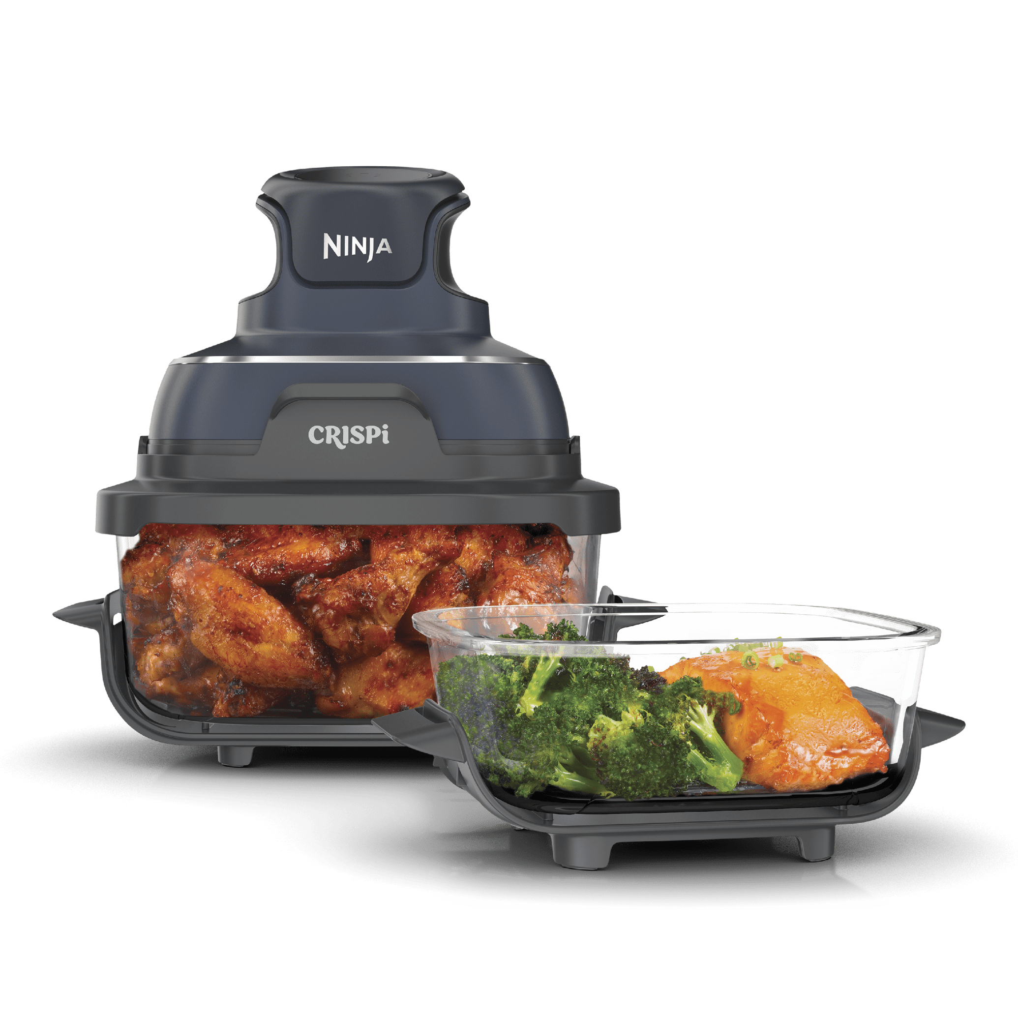 Ninja Crispi FN101GY Cyberspace PowerPod on a transparent glass cooking vessel with a second container