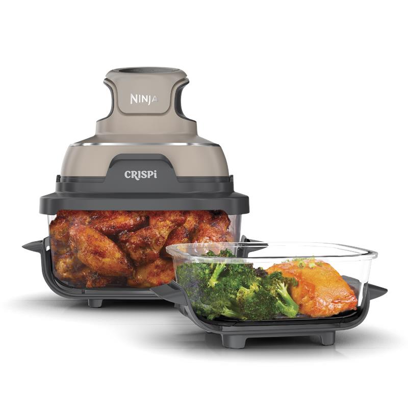 Ninja Crispi FN101ST Stone PowerPod positioned over a clear glass cooking vessel, with a second included vessel visible