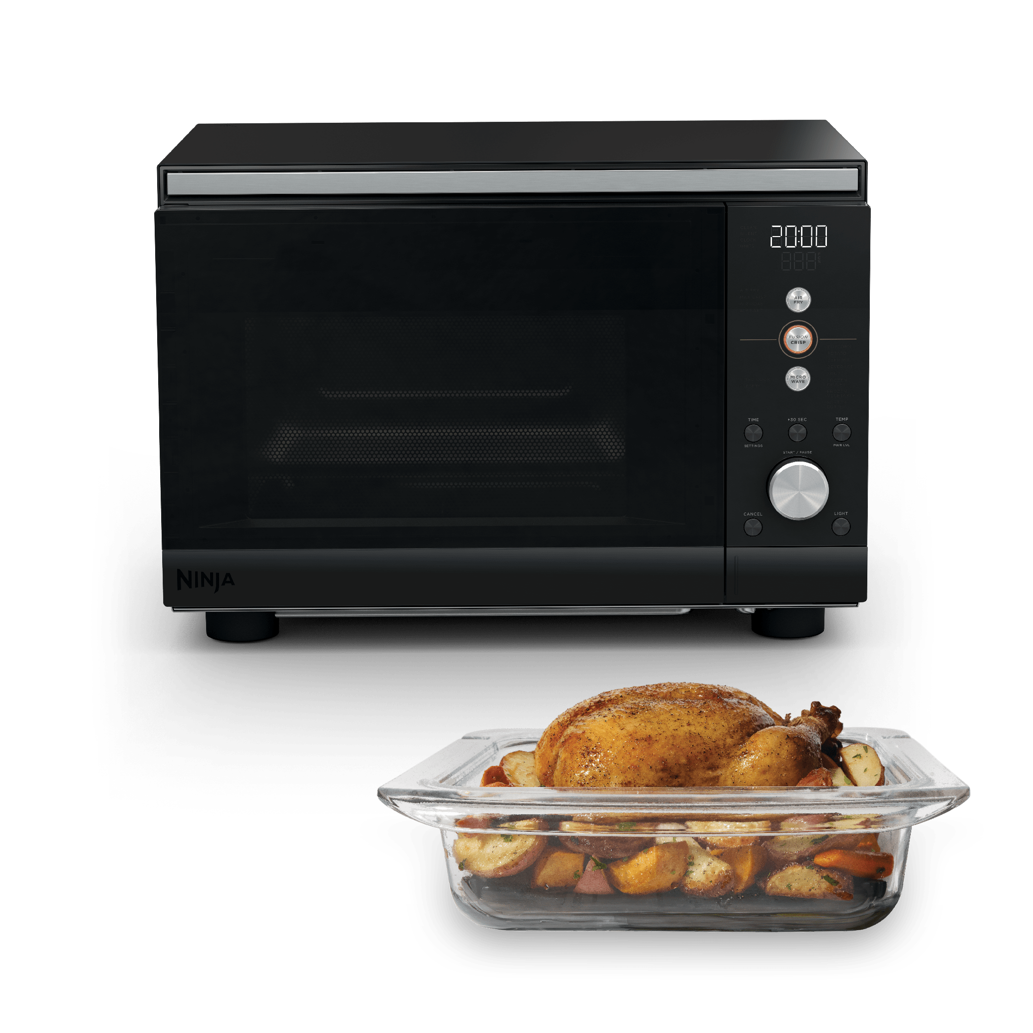 Ninja Crispi MW101BK1 black microwave and air fryer shown with its CleanCrisp glass cooking dish