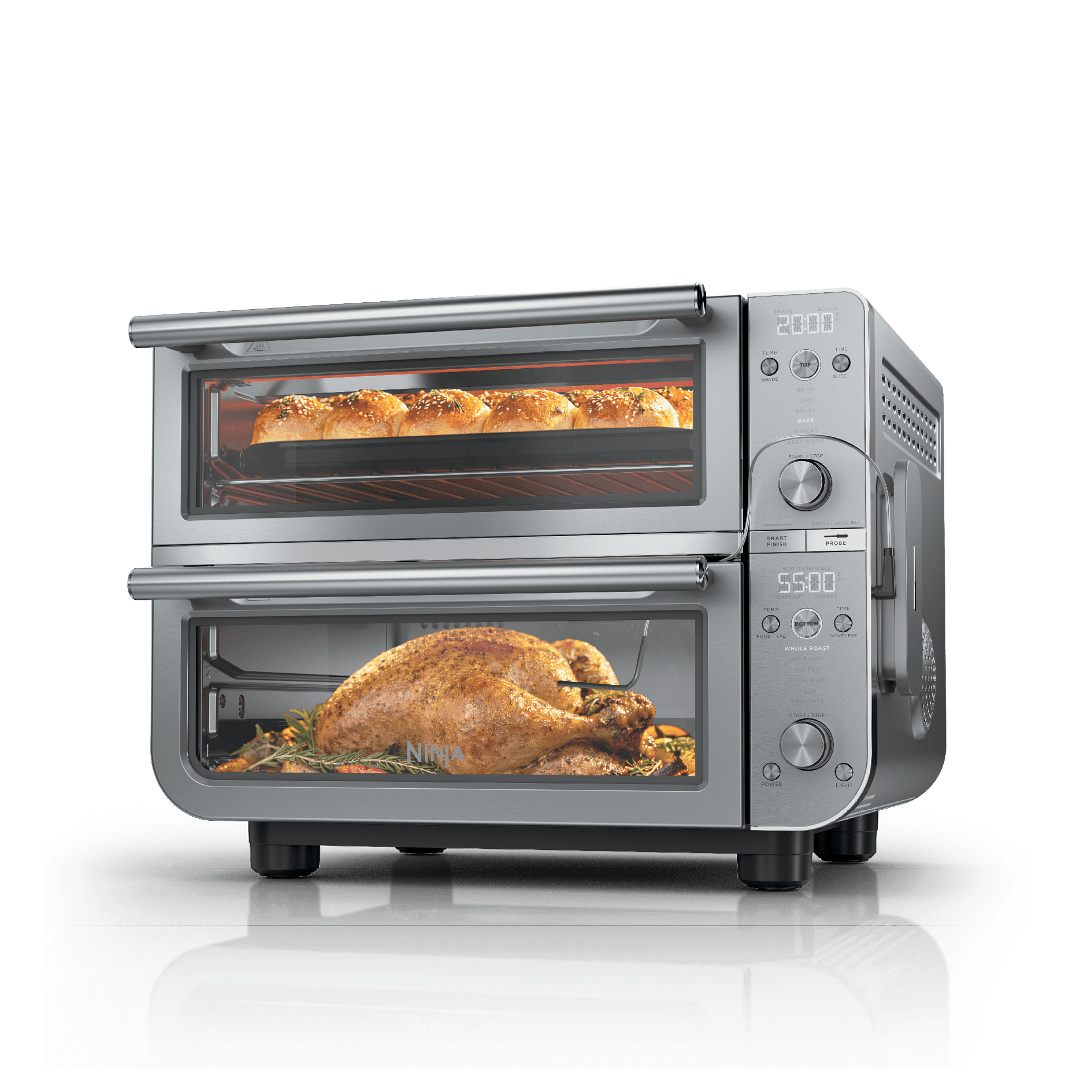 Silver Ninja DCT871 Double Oven Pro with two door-front cooking cavities and separate controls