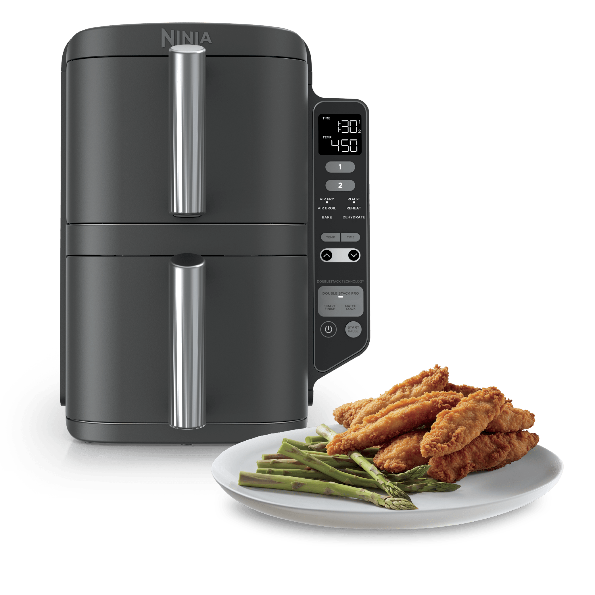 Ninja SL201 DoubleStack 8-quart air fryer shown front-on with two vertically stacked drawers and side controls