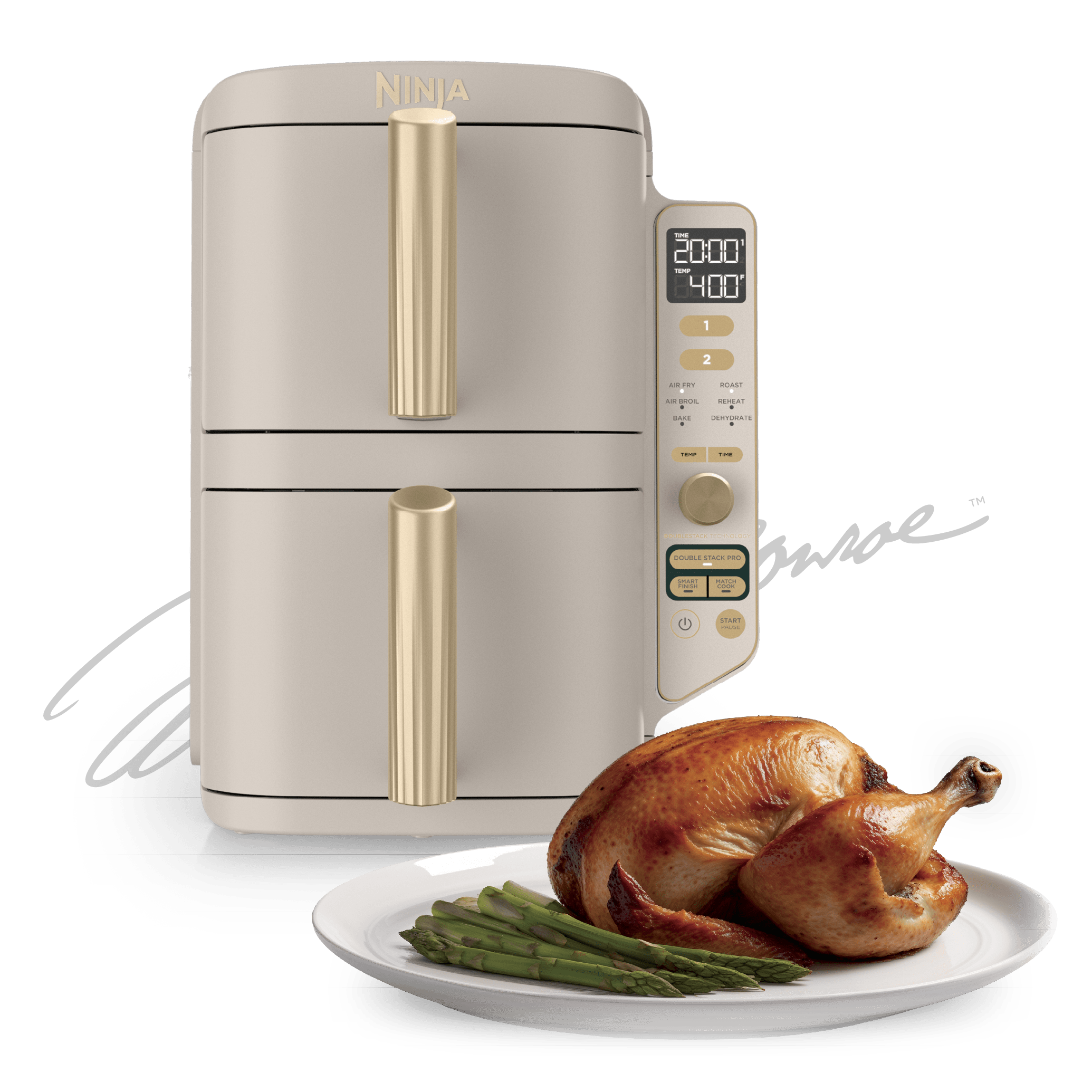 Ninja DoubleStack SL401SD Stone Gold air fryer with two vertically stacked drawers and side controls