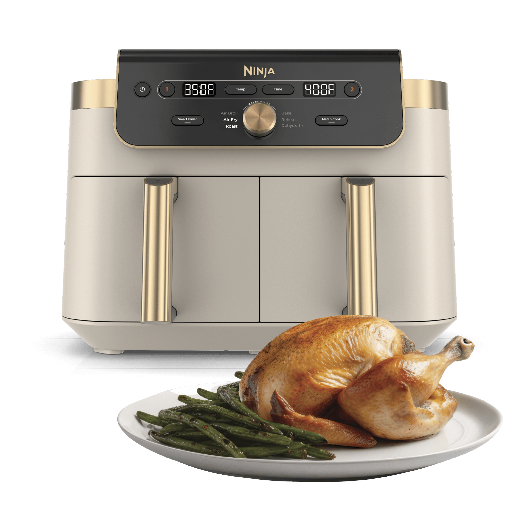 Ninja DualZone DZ901SD Stone Gold two-basket air fryer with dial controls and gold handles