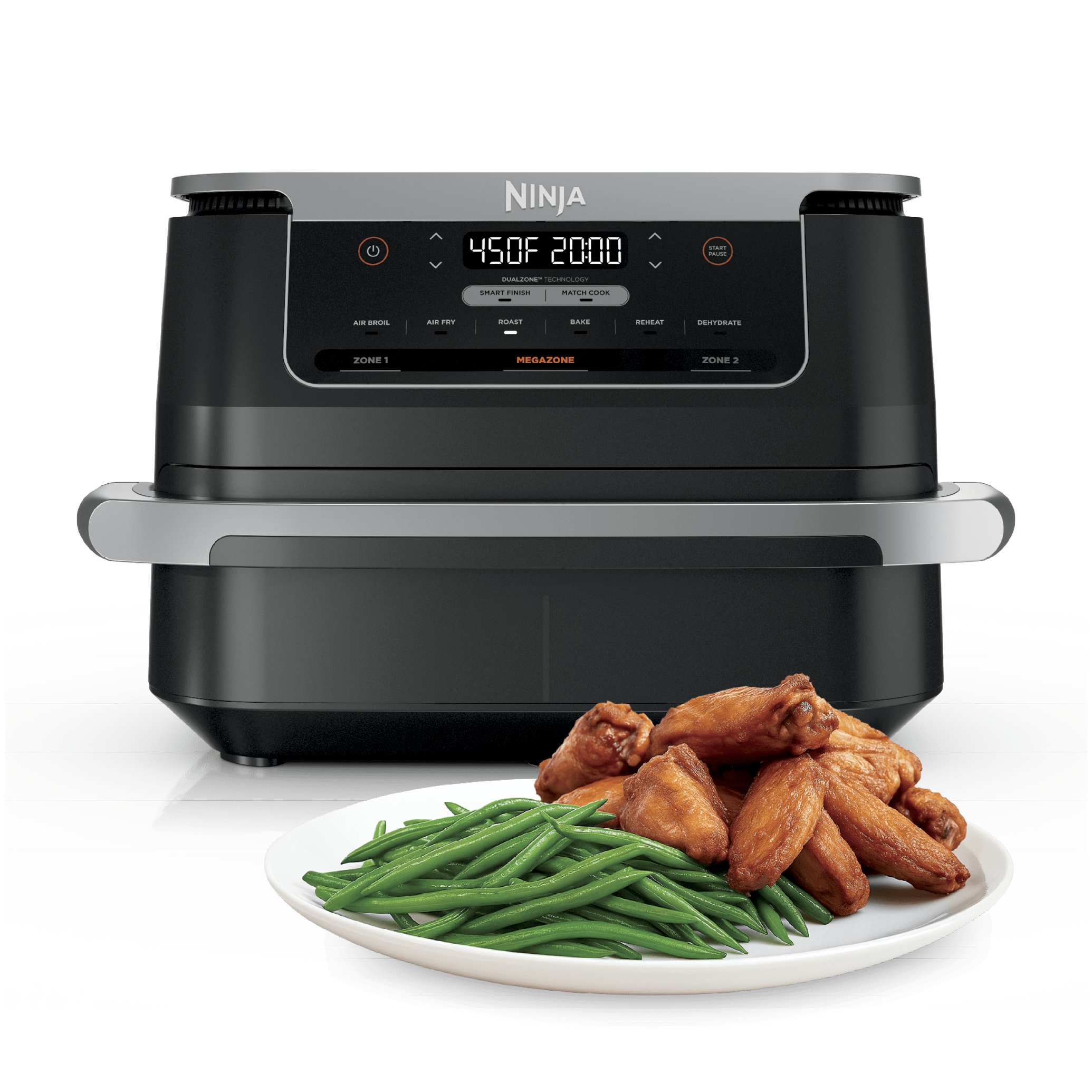 Black Ninja Foodi FlexBasket DZ071 with one wide drawer, Zone 1, MegaZone and Zone 2 controls, and a plated meal