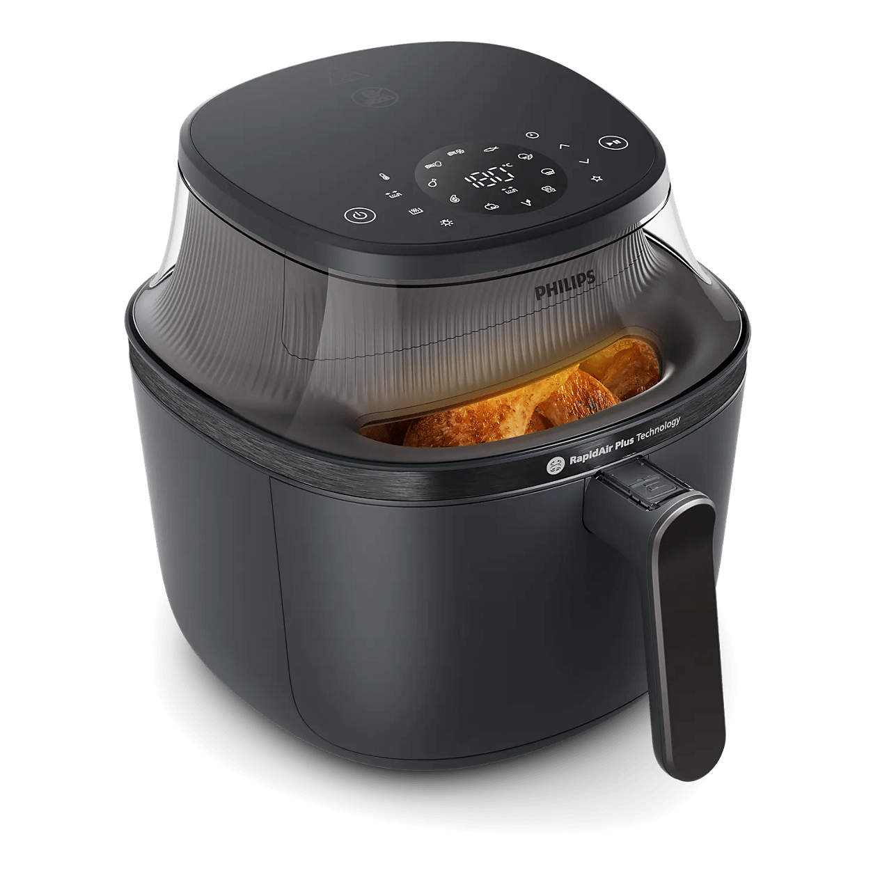 Philips 3000 Series NA330/00 dark single-basket air fryer viewed at an angle, with front viewing window and top digital controls