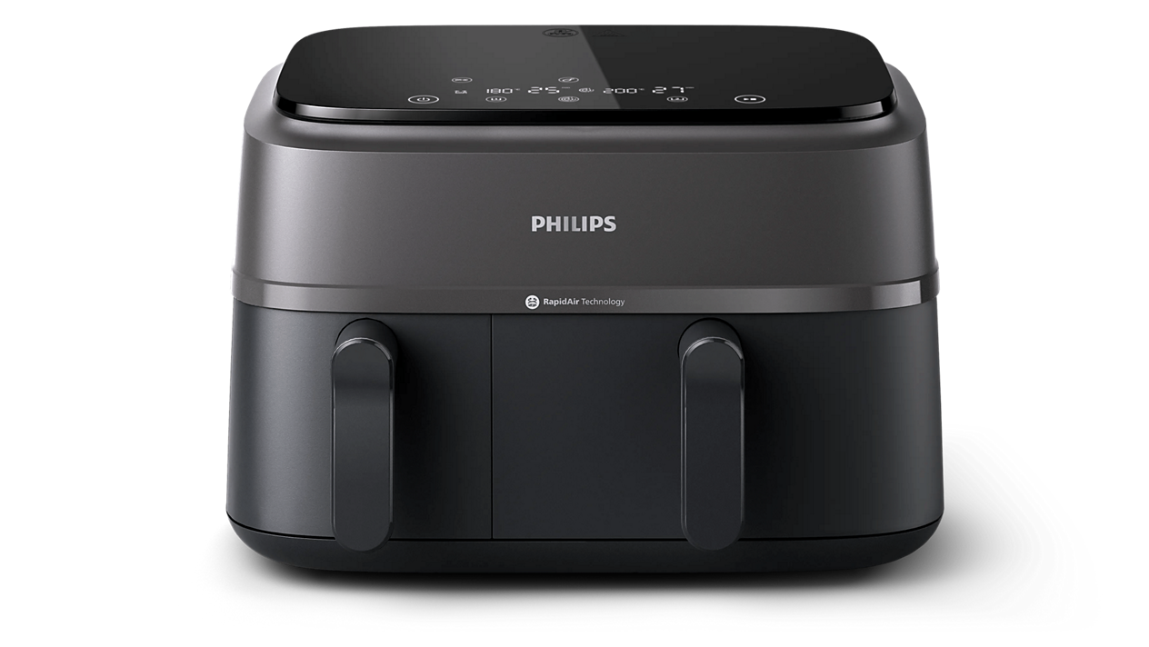 Philips 3000 Series NA350/00R0, Doppelkorb-Heißluftfritteuse in Dunkelgrau, Vorderansicht mit zwei Schubladen samt separaten Griffen und Bedienelementen oben