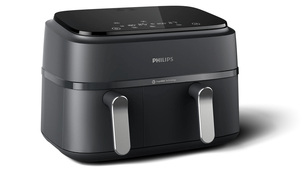 Philips 3000 Series NA351 dual-basket air fryer in dark gray with two separately handled front drawers and digital controls