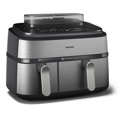 Philips 5000 Series NA555/00 steam dual-basket air fryer in silver and black, viewed from the front