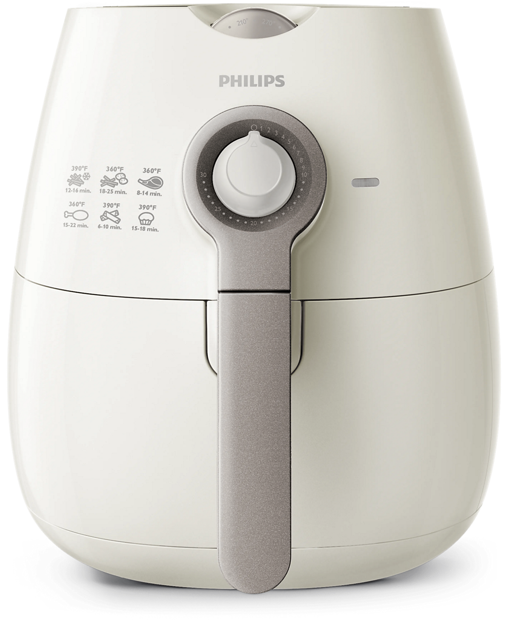 Philips Viva Collection HD9220/86 Heißluftfritteuse mit einem Korb und zwei Drehreglern am Gerät; das fotografierte Gehäuse wirkt hell und hat eine graue Einfassung der Bedienelemente
