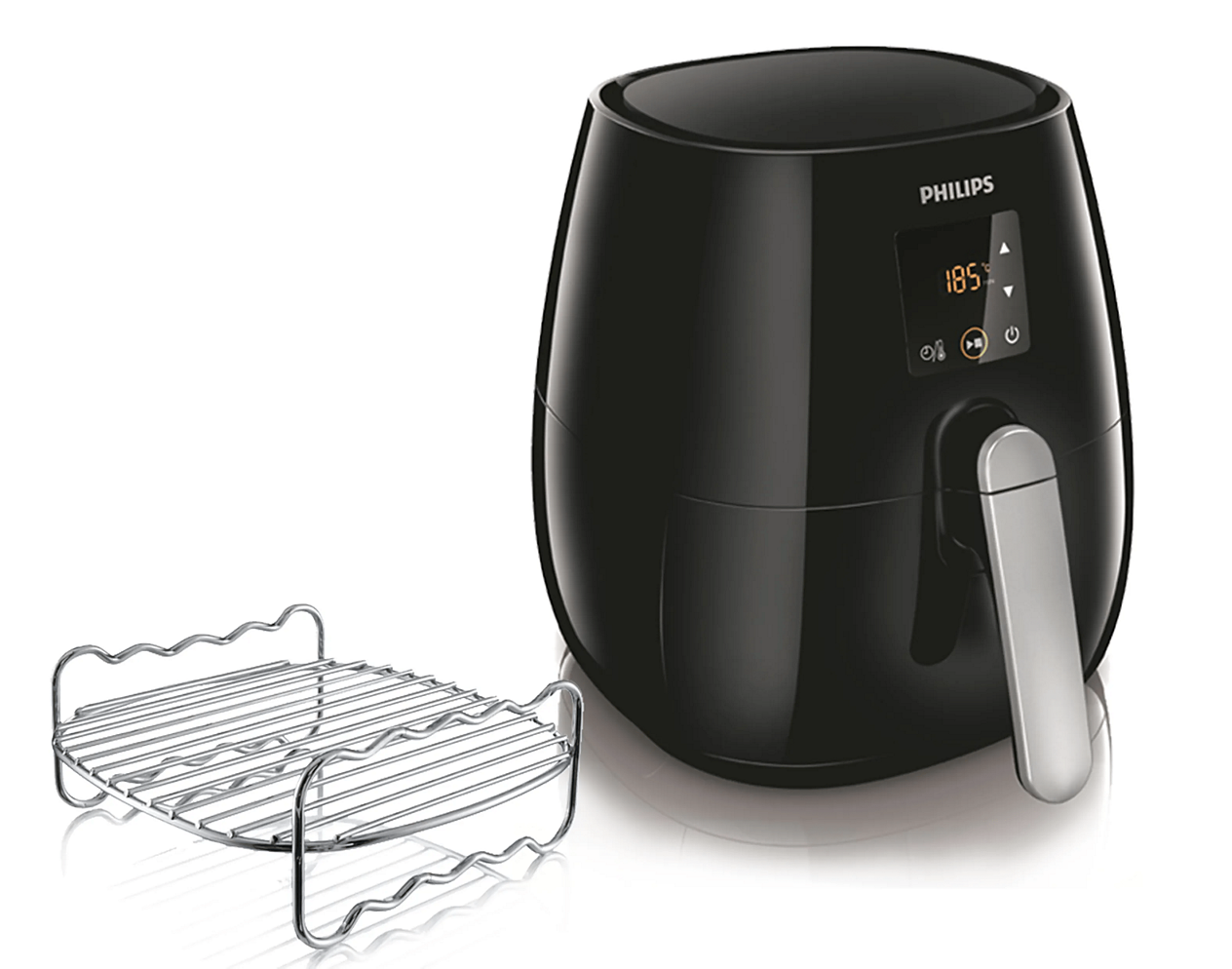 Philips Viva Collection HD9230/26 black digital single-basket air fryer; a separate raised double-layer rack is shown beside it