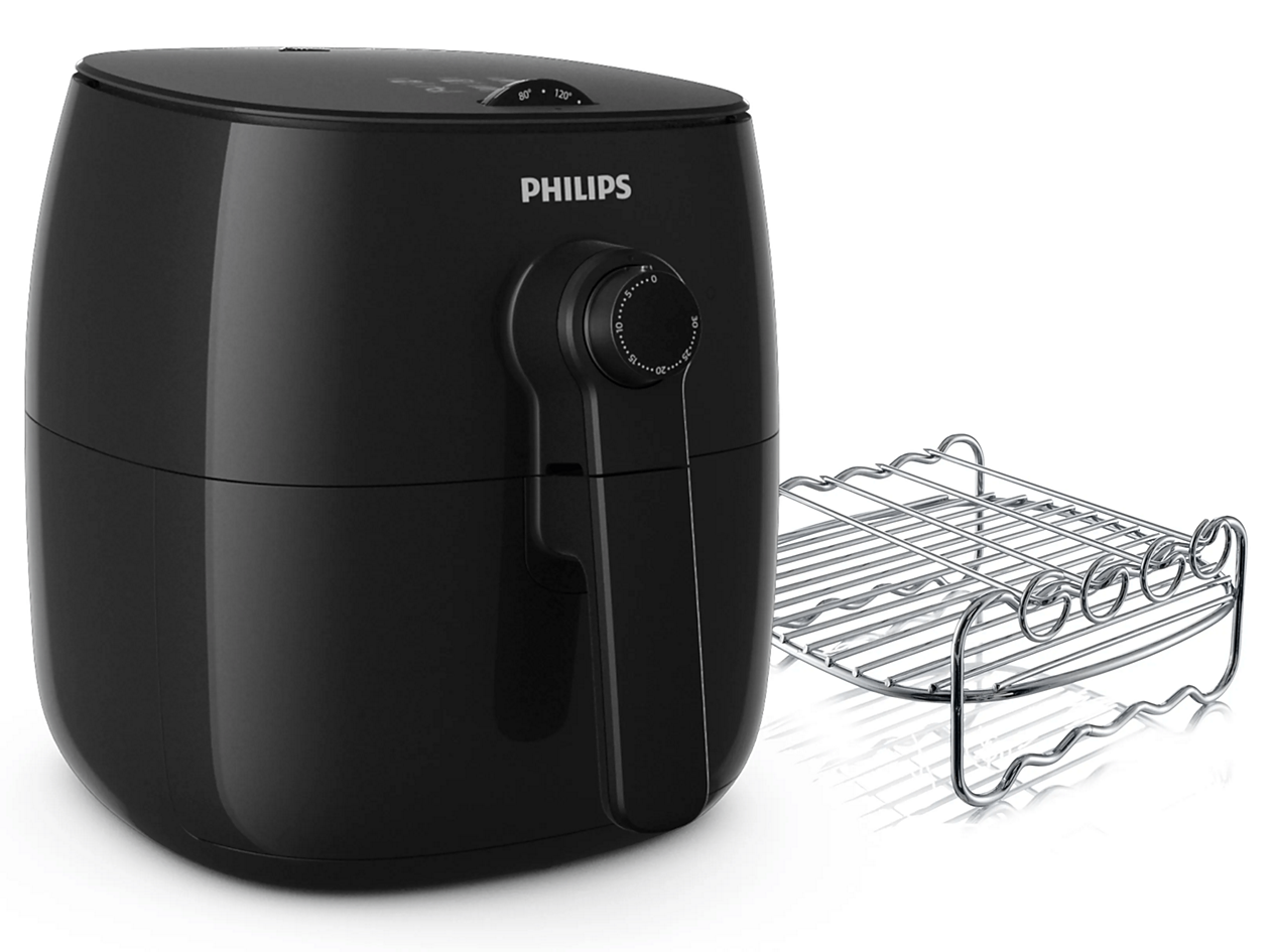 Schwarze Heißluftfritteuse Philips Viva Collection Airfryer HD9622/96 mit einer Schublade neben ihrem Doppelrost zum Einlegen der Speisen