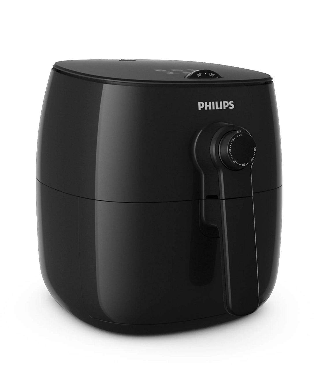 Schwarzer Philips Viva Collection Airfryer HD9628/96 mit einer ausziehbaren Schublade, oberem Temperaturregler und vorderem Timer-/Ein-Aus-Regler