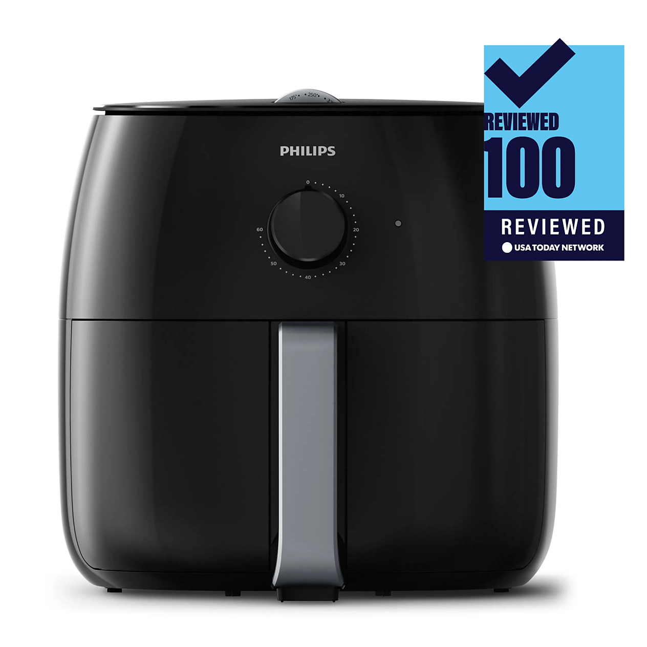 Black Philips Premium Airfryer XXL HD9630/98 with one pull-out basket and analogue control dials; the manufacturer image includes a Reviewed 100 badge