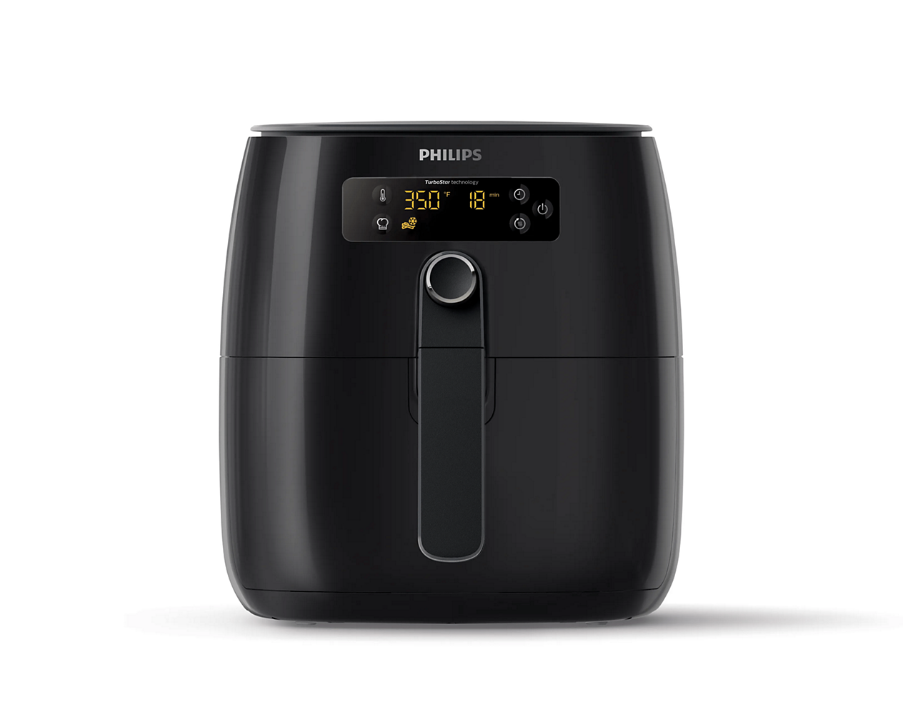Schwarze Philips Avance HD9641/96 Heißluftfritteuse mit einem Korb, digitalem Display an der Vorderseite und QuickControl-Drehregler