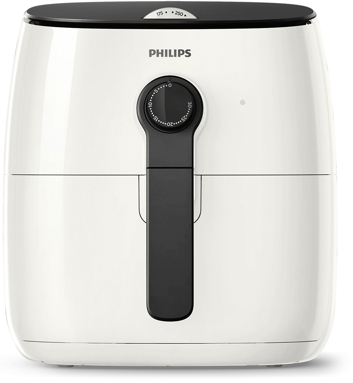 Der Philips Premium Airfryer HD9721/06 in Weiß mit einer herausziehbaren Schublade und zwei analogen Drehreglern