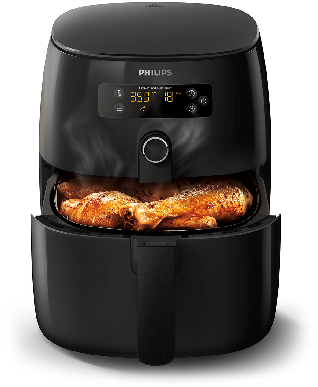Schwarzer Philips Premium Airfryer HD9741/56 mit digitalem Display und mittigem QuickControl-Drehregler