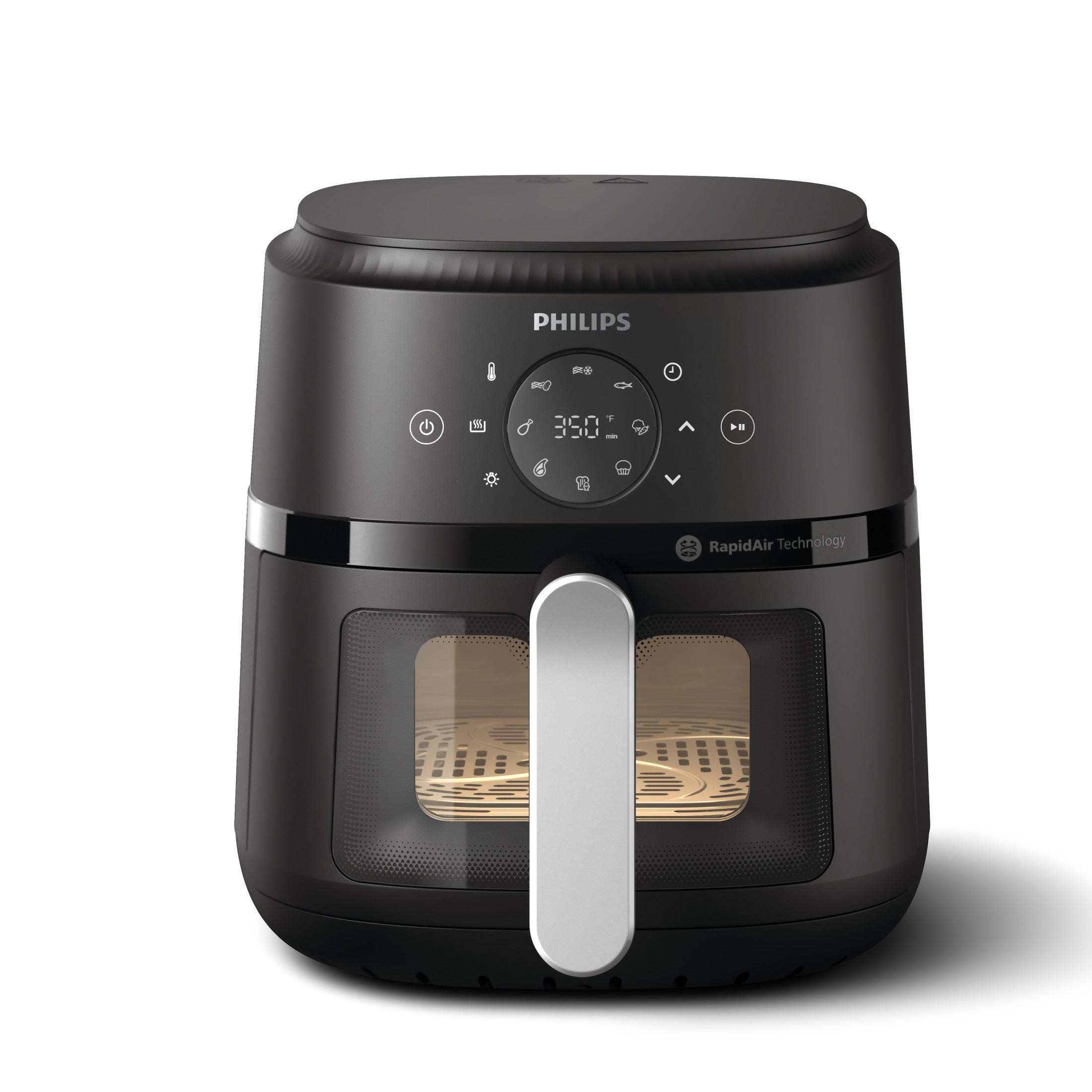 Philips 2000 Series NA221/00 air fryer in a dark housing with silver center handle and a front viewing window