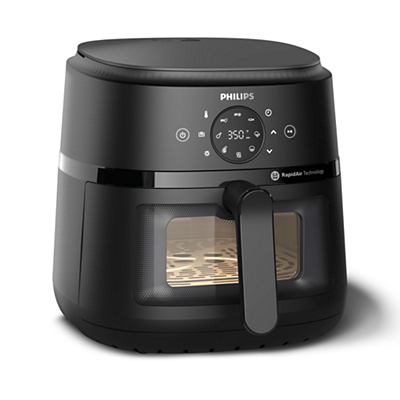 Philips NA230/00, schwarze Ein-Korb-Heißluftfritteuse mit digitalem Bedienfeld und Sichtfenster an der Vorderseite