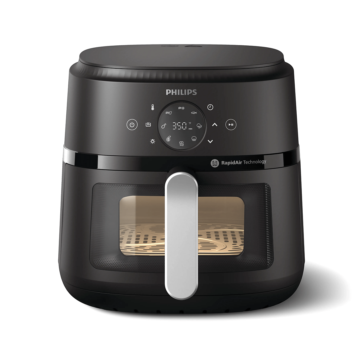 Philips NA231/00 Ein-Korb-Heißluftfritteuse mit Sichtfenster an der Vorderseite, dunklem Gehäuse und silberfarbenem Griff