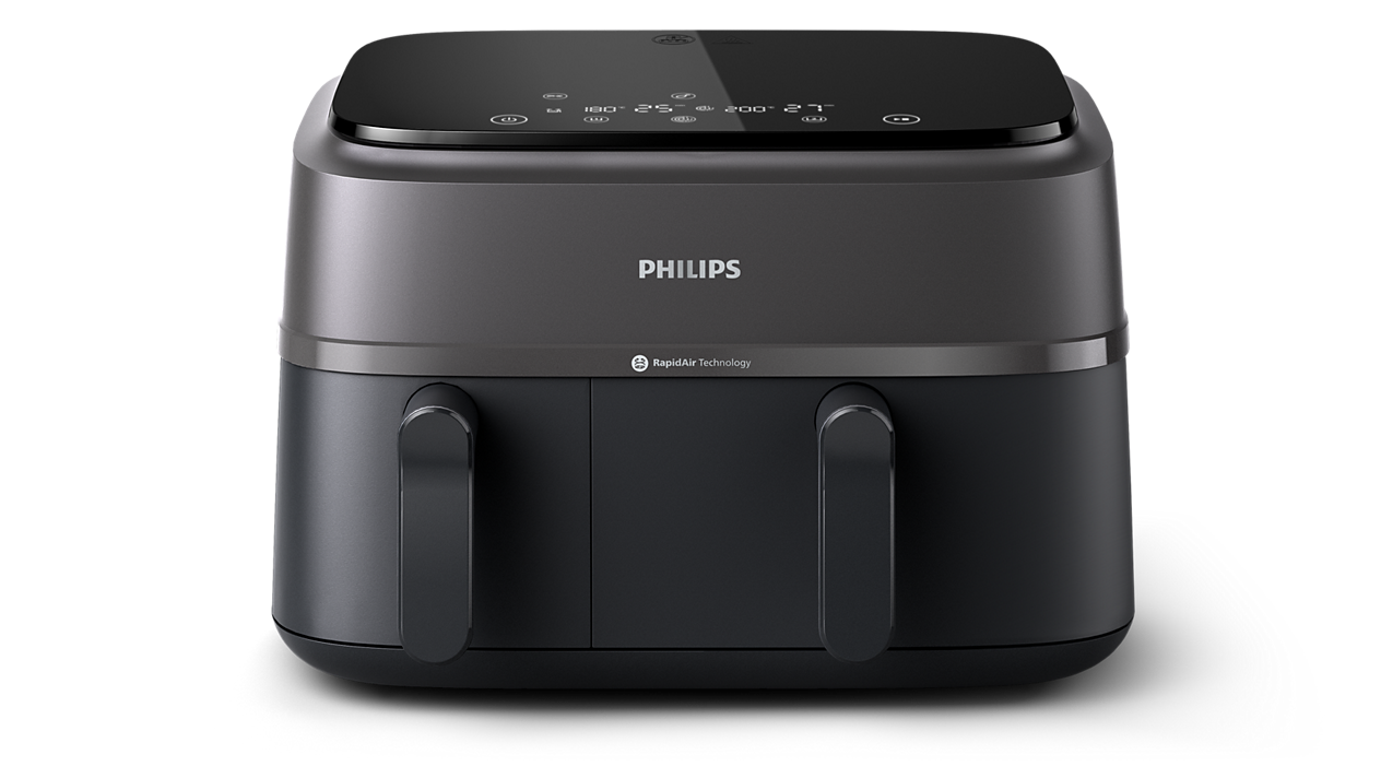 Philips 3000 Series NA350/00, Doppelkorb-Heißluftfritteuse in Schwarz/Anthrazit, Vorderansicht mit zwei separaten Schubladengriffen und Touchscreen-Bedienfeld oben