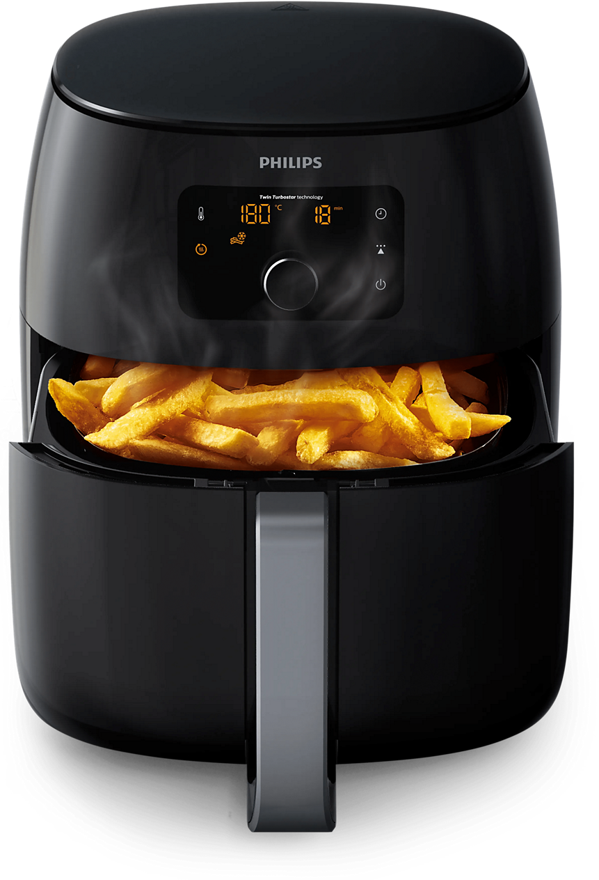 Philips Premium Airfryer XXL HD9650/90 mit geöffneter Einzelschublade, Pommes frites im Korb und sichtbarem Digitaldisplay samt Bedienregler