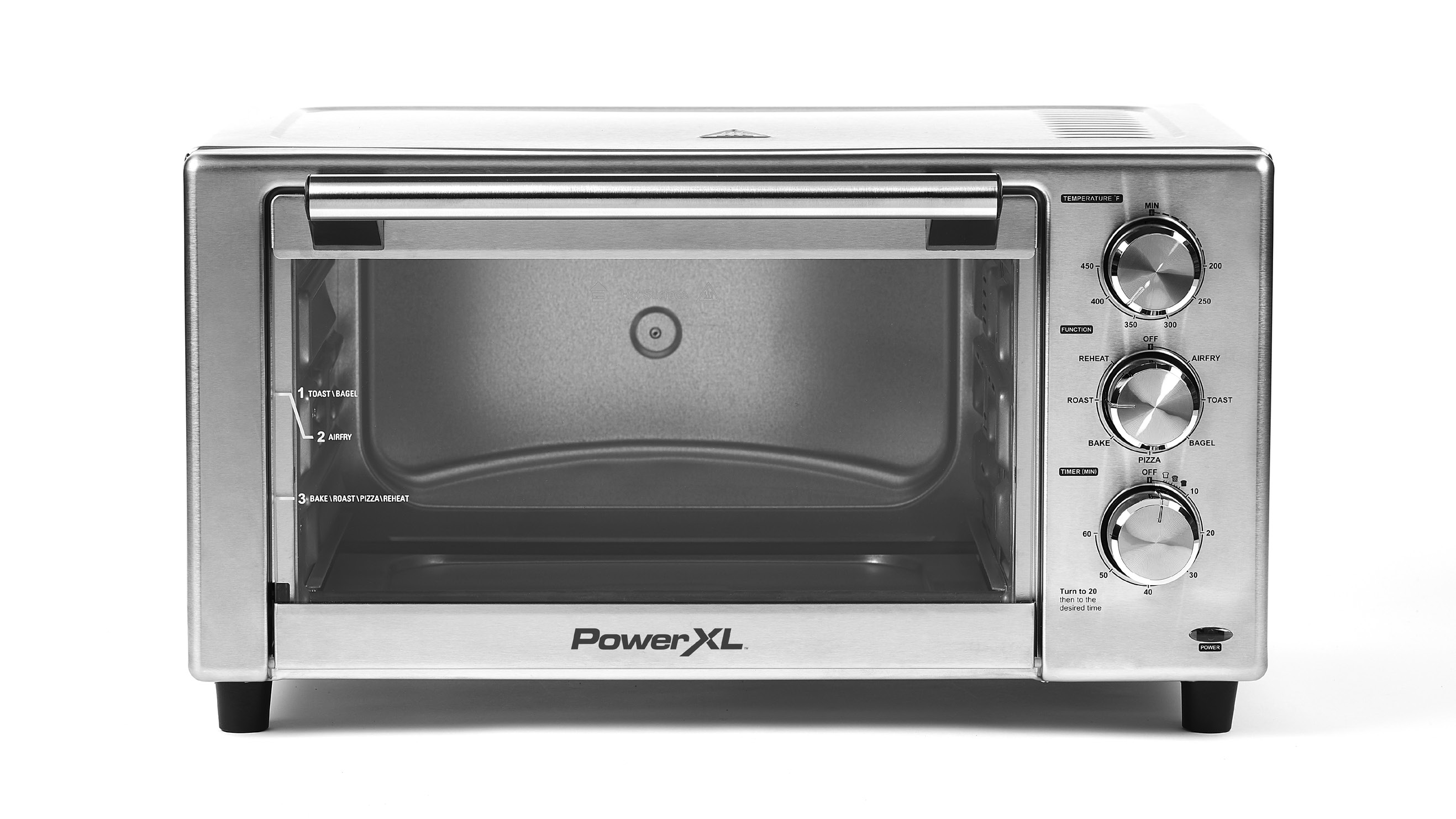 PowerXL Air Fryer Home B-AFO-002 stainless countertop oven with glass door and three control knobs, shown on its owner-manual cover