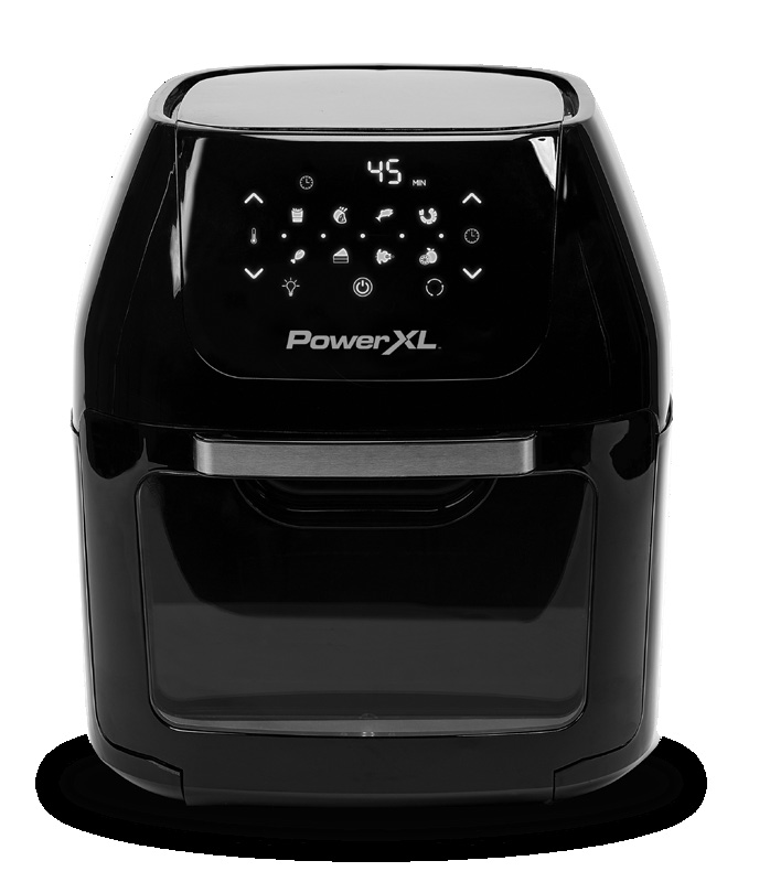 PowerXL CM-001 countertop oven shown in the model manual, with front door and digital touch panel