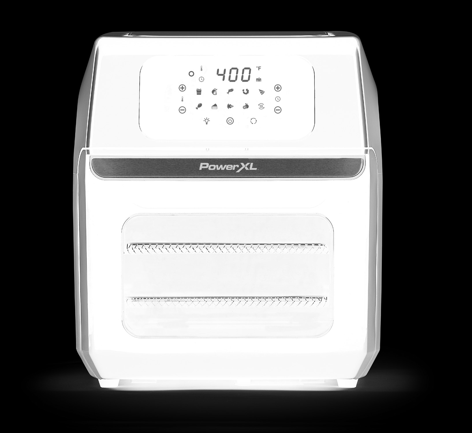 PowerXL Air Fryer Pro XR door-front oven with digital touch panel as shown on a linked manual cover; the cover prints model GLA-1001.