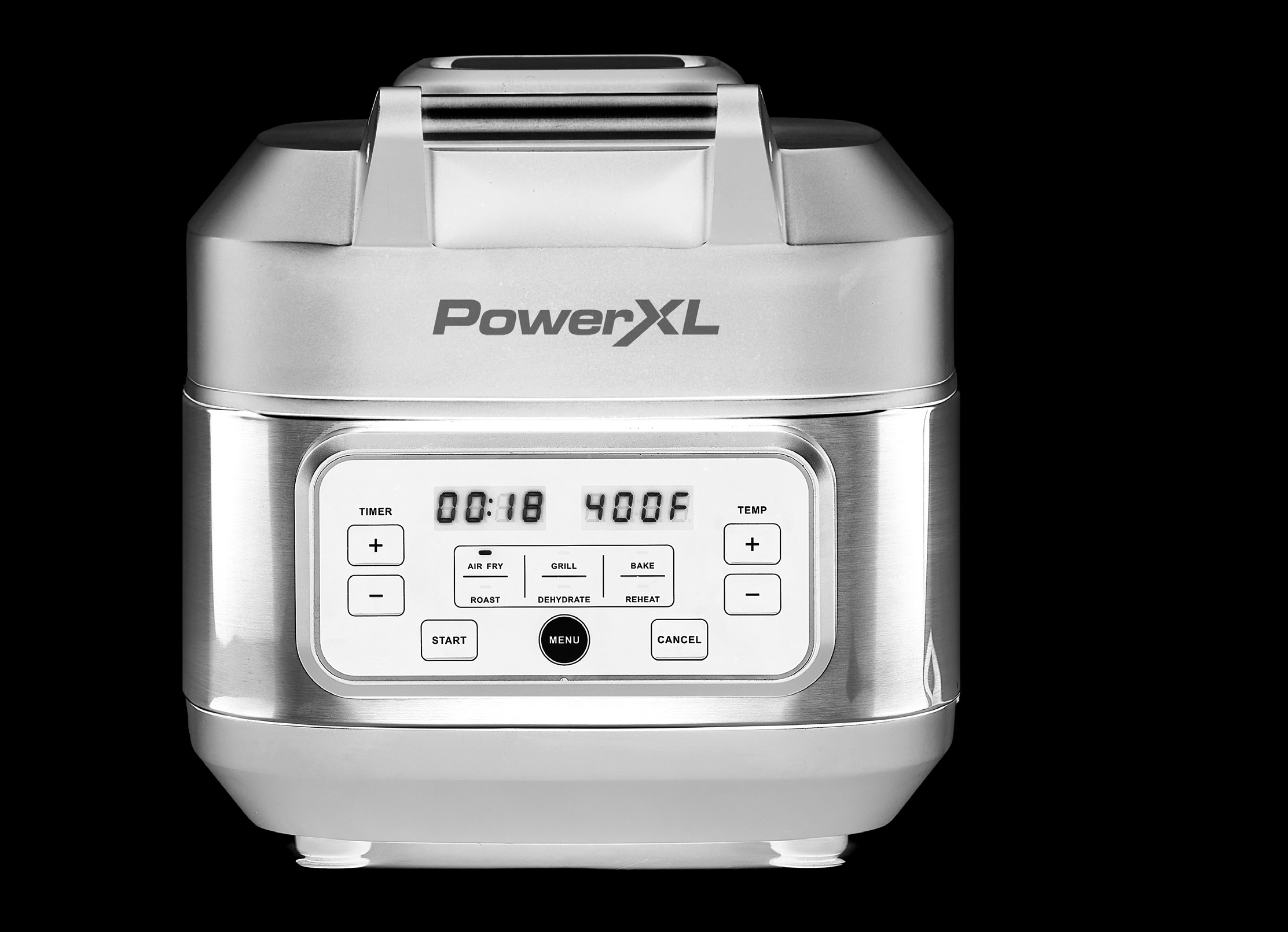 PowerXL Grill Air Fryer Home AFG-5A digital inner-pot cooker with lift-up air-frying lid shown on the model-labelled owner-manual cover