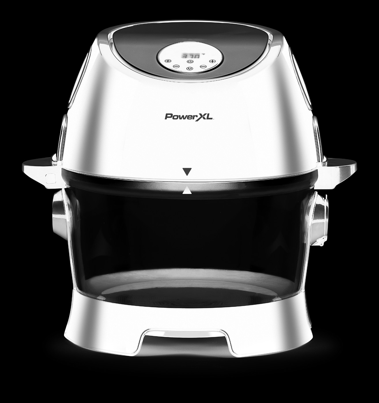 Modello CL-002 Turbo Air Fryer PowerXL, mostrato sulla copertina del manuale d'uso con il modello indicato, con ciotola in vetro trasparente e coperchio per frittura ad aria montato in alto