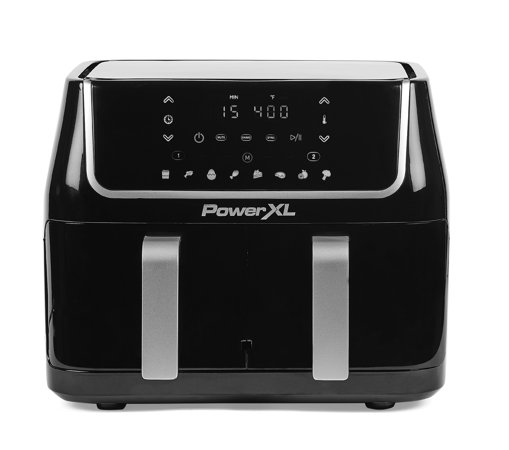 PowerXL DUAF-10 Heißluftfritteuse mit zwei Körben, wie auf dem Umschlag des Handbuchs für das exakte Modell abgebildet