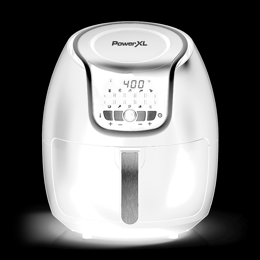 PowerXL Vortex Air Fryer Plus HF-1096LCD, konfiguration 7-quart, avbildad i den modellmärkta illustrationen i bruksanvisningen.