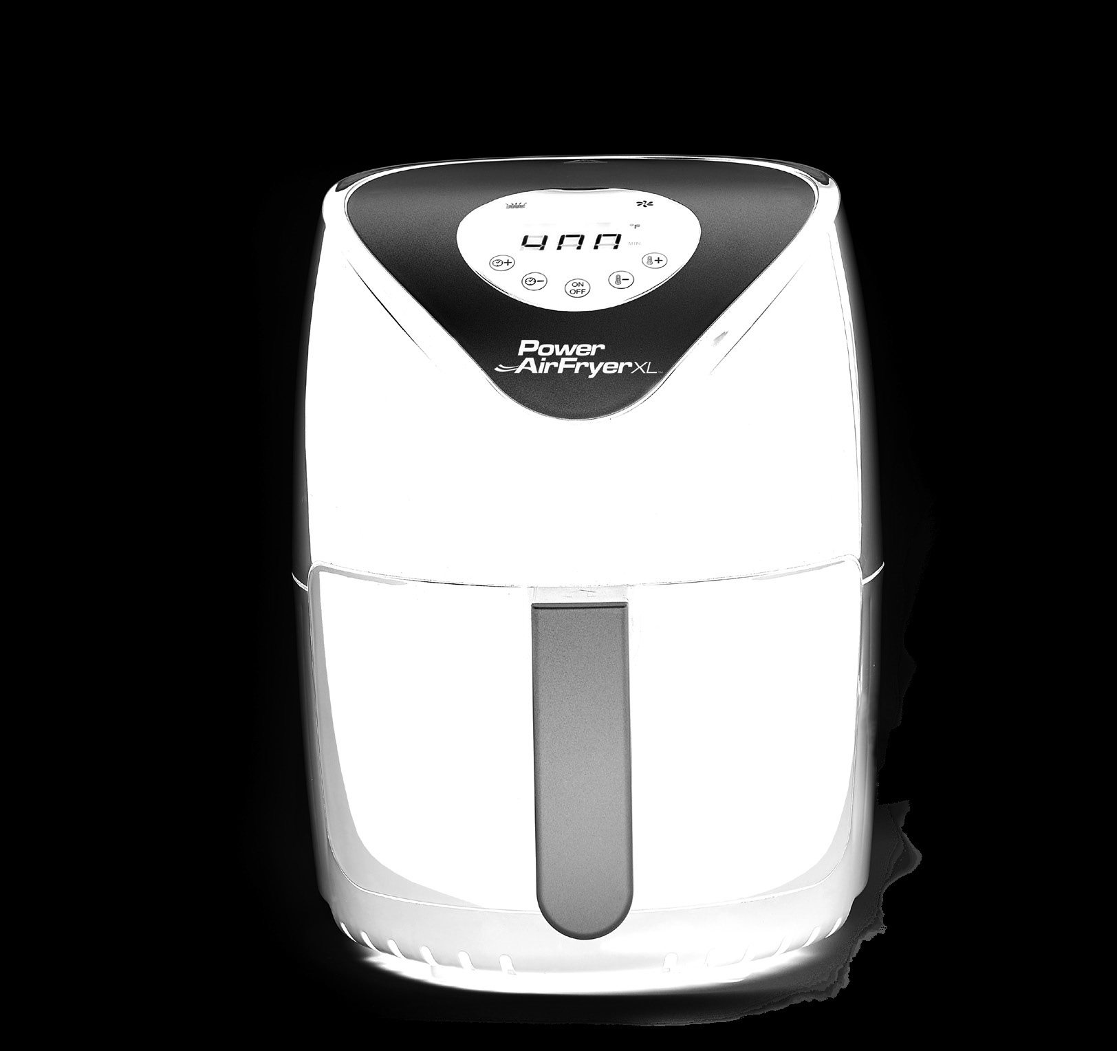 Power AirFryer XL YJ-803A basket fryer with digital controls shown on its model-labelled owner manual cover